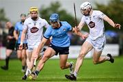 14 June 2025; Riain McBride of Dublin in action against Simon Leacy, left, and Richy Hogan of Kildare during the GAA Hurling All-Ireland Senior Championship Round 1 match between Kildare and Dublin at Cedral St Conleth's Park in Newbridge, Kildare. Photo by Piaras Ó Mídheach/Sportsfile