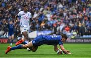 14 June 2025; Jordie Barrett of Leinster scores his side's second try during the United Rugby Championship Grand Final match between Leinster and Vodacom Bulls at Croke Park in Dublin. Photo by Brendan Moran/Sportsfile