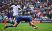 14 June 2025; Jordie Barrett of Leinster scores his side's second try during the United Rugby Championship Grand Final match between Leinster and Vodacom Bulls at Croke Park in Dublin. Photo by Brendan Moran/Sportsfile