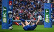 14 June 2025; Jordie Barrett of Leinster celebrates after scoring his side's second try during the United Rugby Championship Grand Final match between Leinster and Vodacom Bulls at Croke Park in Dublin. Photo by Brendan Moran/Sportsfile