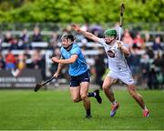 14 June 2025; Seán Gallagher of Dublin in action against Paul Dolan of Kildare during the GAA Hurling All-Ireland Senior Championship Round 1 match between Kildare and Dublin at Cedral St Conleth's Park in Newbridge, Kildare. Photo by Piaras Ó Mídheach/Sportsfile