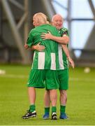 14 June 2025; Aidan O'Neill and Peter Gannon, left, of Bray Wanderers celebrate a victory over Waterford during the League of Ireland Walking Football Festival at the National Indoor Arena on the Sport Ireland Campus in Dublin. Photo by Stephen McCarthy/Sportsfile
