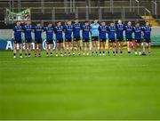 14 June 2025; Kerry players stand for the playing of the Amhrán na bhFiann before the GAA Football All-Ireland Senior Championship Round 3 match between Kerry and Meath at Glenisk O'Connor Park in Tullamore, Offaly. Photo by Tom Beary/Sportsfile