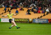 14 June 2025; Meath goalkeeper Billy Hogan scores a point from a free during the GAA Football All-Ireland Senior Championship Round 3 match between Kerry and Meath at Glenisk O'Connor Park in Tullamore, Offaly. Photo by Tom Beary/Sportsfile