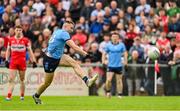 14 June 2025; Paddy Small of Dublin shoots at goal during the GAA Football All-Ireland Senior Championship Round 3 match between Dublin and Derry at Páirc Esler in Newry, Down. Photo by Ramsey Cardy/Sportsfile