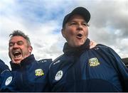 14 June 2025; Meath coach Carl Manning, left, and manager Robbie Brennan after their side's victory in the GAA Football All-Ireland Senior Championship Round 3 match between Kerry and Meath at Glenisk O'Connor Park in Tullamore, Offaly. Photo by Tom Beary/Sportsfile