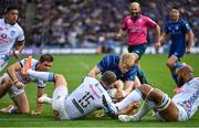 14 June 2025; Fintan Gunne of Leinster, obscured, scores his side's fourth try during the United Rugby Championship Grand Final match between Leinster and Vodacom Bulls at Croke Park in Dublin. Photo by David Fitzgerald/Sportsfile