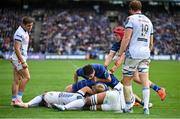 14 June 2025; Fintan Gunne of Leinster, obscured, scores his side's fourth try during the United Rugby Championship Grand Final match between Leinster and Vodacom Bulls at Croke Park in Dublin. Photo by David Fitzgerald/Sportsfile