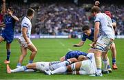 14 June 2025; Fintan Gunne of Leinster, obscured, scores his side's fourth try during the United Rugby Championship Grand Final match between Leinster and Vodacom Bulls at Croke Park in Dublin. Photo by David Fitzgerald/Sportsfile