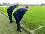 14 June 2025; Roscommon manager Davy Burke, right, and coach Hugh Lynch, react to their side's last chance of the GAA Football All-Ireland Senior Championship Round 3 match between Roscommon and Cork at Laois Hire O'Moore Park in Portlaoise, Laois. Photo by Daire Brennan/Sportsfile