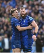 14 June 2025; Jordie Barrett of Leinster, left, and team-mate RG Snyman celebrate after their side's victory in the United Rugby Championship Grand Final match between Leinster and Vodacom Bulls at Croke Park in Dublin. Photo by David Fitzgerald/Sportsfile