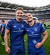 14 June 2025; Jordie Barrett, left, and James Lowe of Leinster after their side's victory in the United Rugby Championship Grand Final match between Leinster and Vodacom Bulls at Croke Park in Dublin. Photo by David Fitzgerald/Sportsfile