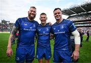 14 June 2025; Leinster players, from left, RG Snyman, Sam Prendergast and James Ryan after the United Rugby Championship Grand Final match between Leinster and Vodacom Bulls at Croke Park in Dublin. Photo by Brendan Moran/Sportsfile