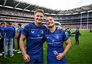 14 June 2025; Jordie Barrett, left, and James Lowe of Leinster after their side's victory in the United Rugby Championship Grand Final match between Leinster and Vodacom Bulls at Croke Park in Dublin. Photo by David Fitzgerald/Sportsfile