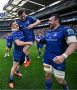 14 June 2025; Leinster players, from left, Dan Sheehan, Luke McGrath and Jack Conan celebrate after the United Rugby Championship Grand Final match between Leinster and Vodacom Bulls at Croke Park in Dublin. Photo by Brendan Moran/Sportsfile