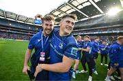 14 June 2025; Leinster players Caelan Doris, left, and Dan Sheehan celebrate after the United Rugby Championship Grand Final match between Leinster and Vodacom Bulls at Croke Park in Dublin. Photo by Brendan Moran/Sportsfile
