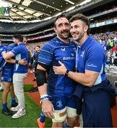 14 June 2025; Leinster players Caelan Doris, right, and Jack Conan celebrate after the United Rugby Championship Grand Final match between Leinster and Vodacom Bulls at Croke Park in Dublin. Photo by Brendan Moran/Sportsfile