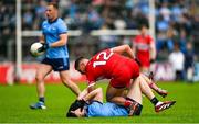 14 June 2025; Ciaran McFaul of Derry clashes with Lee Gannon of Dublin off the ball during the GAA Football All-Ireland Senior Championship Round 3 match between Dublin and Derry at Páirc Esler in Newry, Down. Photo by Ramsey Cardy/Sportsfile