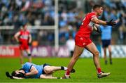 14 June 2025; Ciaran McFaul of Derry after clashing with Lee Gannon of Dublin off the ball during the GAA Football All-Ireland Senior Championship Round 3 match between Dublin and Derry at Páirc Esler in Newry, Down. Photo by Ramsey Cardy/Sportsfile