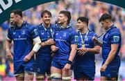 14 June 2025; Joe McCarthy of Leinster, centre, and team-mates celebrate after the United Rugby Championship Grand Final match between Leinster and Vodacom Bulls at Croke Park in Dublin. Photo by David Fitzgerald/Sportsfile