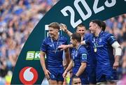 14 June 2025; Jordie Barrett of Leinster, left, and team-mates celebrate after the United Rugby Championship Grand Final match between Leinster and Vodacom Bulls at Croke Park in Dublin. Photo by David Fitzgerald/Sportsfile