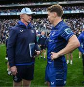 14 June 2025; Leinster head coach Leo Cullen, left, and Jordie Barrett of Leinster after the United Rugby Championship Grand Final match between Leinster and Vodacom Bulls at Croke Park in Dublin. Photo by Brendan Moran/Sportsfile
