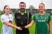 14 June 2025; Match referee Séamus Mulvihill with the two captains, Laoise Lenehan of Kildare and Aoibhín Cleary of Meath, before the TG4 All-Ireland Ladies Football Senior Championship Round 3 match between Kildare and Meath at Manguard Plus Kildare GAA Centre of Excellence in Newbridge, Kildare. Photo by Ray McManus/Sportsfile