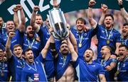 14 June 2025; Leinster captain Jack Conan, centre, alongside team-mates Caelan Doris, left, and Cian Healy, right, lift the cup after their side's victory in the United Rugby Championship Grand Final match between Leinster and Vodacom Bulls at Croke Park in Dublin. Photo by David Fitzgerald/Sportsfile