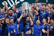 14 June 2025; Leinster captain Jack Conan, centre, alongside team-mates Caelan Doris, left, and Cian Healy, right, lift the cup after their side's victory in the United Rugby Championship Grand Final match between Leinster and Vodacom Bulls at Croke Park in Dublin. Photo by David Fitzgerald/Sportsfile