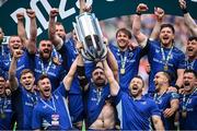 14 June 2025; Leinster captain Jack Conan, centre, alongside team-mates Caelan Doris, left, and Cian Healy, right, lift the cup after their side's victory in the United Rugby Championship Grand Final match between Leinster and Vodacom Bulls at Croke Park in Dublin. Photo by David Fitzgerald/Sportsfile