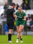 14 June 2025; Vikki Wall of Meath appeals to referee Séamus Mulvihill before she is shown a yellow card during the TG4 All-Ireland Ladies Football Senior Championship Round 3 match between Kildare and Meath at Manguard Plus Kildare GAA Centre of Excellence in Newbridge, Kildare. Photo by Ray McManus/Sportsfile