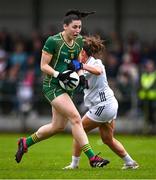 14 June 2025; Orlaith Sheehy of Meath is tackled by Claire Sullivan of Kildare during the TG4 All-Ireland Ladies Football Senior Championship Round 3 match between Kildare and Meath at Manguard Plus Kildare GAA Centre of Excellence in Newbridge, Kildare. Photo by Ray McManus/Sportsfile