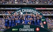 14 June 2025; Leinster captain Jack Conan, centre, alongside team-mates Caelan Doris, left, and Cian Healy lift the cup after their side's victory in the United Rugby Championship Grand Final match between Leinster and Vodacom Bulls at Croke Park in Dublin. Photo by Brendan Moran/Sportsfile