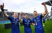 14 June 2025; Leinster players, from left, Jamie Osborne, Jimmy O'Brien and Sam Prendergast celebrate after the United Rugby Championship Grand Final match between Leinster and Vodacom Bulls at Croke Park in Dublin. Photo by Seb Daly/Sportsfile