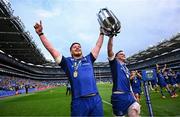 14 June 2025; Leinster players Joe McCarthy, left, and James Ryan celebrate with the trophy after the United Rugby Championship Grand Final match between Leinster and Vodacom Bulls at Croke Park in Dublin. Photo by Seb Daly/Sportsfile