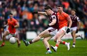 14 June 2025; Matthew Thompson of Galway has a shot on goal, which is subsequently saved by Armagh goalkeeper Ethan Rafferty, during the GAA Football All-Ireland Senior Championship Round 3 match between Galway and Armagh at Kingspan Breffni in Cavan. Photo by Ben McShane/Sportsfile