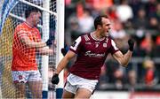 14 June 2025; John Maher of Galway celebrates after scoring his side's first goal during the GAA Football All-Ireland Senior Championship Round 3 match between Galway and Armagh at Kingspan Breffni in Cavan. Photo by Ben McShane/Sportsfile