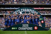 14 June 2025; Leinster captain Jack Conan, centre, with team-mates Caelan Doris, left, and Cian Healy lift the cup after the United Rugby Championship Grand Final match between Leinster and Vodacom Bulls at Croke Park in Dublin. Photo by Brendan Moran/Sportsfile