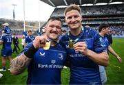 14 June 2025; Jordie Barrett, right, and Andrew Porter of Leinster celebrate after the United Rugby Championship Grand Final match between Leinster and Vodacom Bulls at Croke Park in Dublin. Photo by David Fitzgerald/Sportsfile