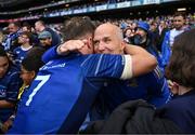 14 June 2025; Josh van der Flier of Leinster with his father Dirk after the United Rugby Championship Grand Final match between Leinster and Vodacom Bulls at Croke Park in Dublin. Photo by David Fitzgerald/Sportsfile