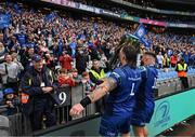 14 June 2025; Andrew Porter, left, and Rabah Slimani of Leinster celebrate with supporters after the United Rugby Championship Grand Final match between Leinster and Vodacom Bulls at Croke Park in Dublin. Photo by David Fitzgerald/Sportsfile
