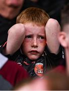 14 June 2025; A young Armagh supporter reacts during the final moments of the GAA Football All-Ireland Senior Championship Round 3 match between Galway and Armagh at Kingspan Breffni in Cavan. Photo by Ben McShane/Sportsfile