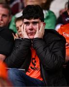 14 June 2025; An Armagh supporter reacts during the final moments of the GAA Football All-Ireland Senior Championship Round 3 match between Galway and Armagh at Kingspan Breffni in Cavan. Photo by Ben McShane/Sportsfile
