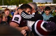 14 June 2025; Shane Walsh of Galway, left, celebrates with Galway manager Pádraic Joyce after the GAA Football All-Ireland Senior Championship Round 3 match between Galway and Armagh at Kingspan Breffni in Cavan. Photo by Ben McShane/Sportsfile