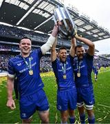 14 June 2025; Leinster players, from left, James Ryan, Ross Byrne and Max Deegan celebrate with the cup after the United Rugby Championship Grand Final match between Leinster and Vodacom Bulls at Croke Park in Dublin. Photo by Seb Daly/Sportsfile