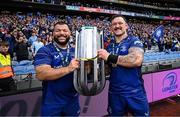14 June 2025; Rabah Slimani, left, and Andrew Porter of Leinster celebrate with the cup after the United Rugby Championship Grand Final match between Leinster and Vodacom Bulls at Croke Park in Dublin. Photo by Seb Daly/Sportsfile