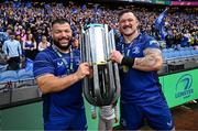 14 June 2025; Rabah Slimani, left, and Andrew Porter of Leinster with the cup after the United Rugby Championship Grand Final match between Leinster and Vodacom Bulls at Croke Park in Dublin. Photo by Seb Daly/Sportsfile