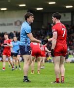 14 June 2025; Nathan Doran of Dublin and Padraig McGrogan of Derry shake hands after the GAA Football All-Ireland Senior Championship Round 3 match between Dublin and Derry at Páirc Esler in Newry, Down. Photo by Thomas Flinkow/Sportsfile