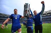 14 June 2025; Leinster players Joe McCarthy, left, and Paddy McCarthy, right, with their brother and Leinster Rugby Energia culture captain Andrew McCarthy, centre, after the United Rugby Championship Grand Final match between Leinster and Vodacom Bulls at Croke Park in Dublin. Photo by Seb Daly/Sportsfile