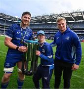 14 June 2025; Leinster players Joe McCarthy, left, and Paddy McCarthy, right, with their brother and Leinster Rugby Energia culture captain Andrew McCarthy, centre, after the United Rugby Championship Grand Final match between Leinster and Vodacom Bulls at Croke Park in Dublin. Photo by Seb Daly/Sportsfile